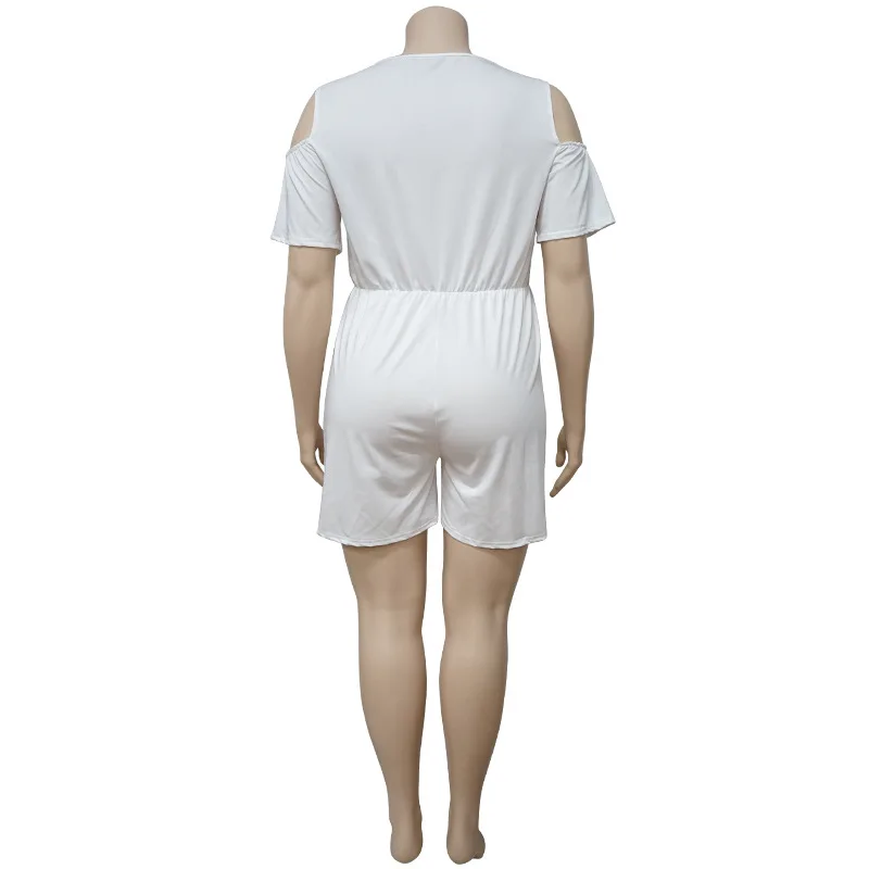 

New White Plus Size Women Solid V-neck Casual Jumpsuits Soft Home Wear Hollow Out Short Sleeves Loose Shorts Rompers Summer