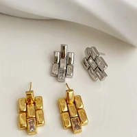 zn multiple layers small squares link chain earrings with zircon for women wide thick metal strap geometric stud earrings