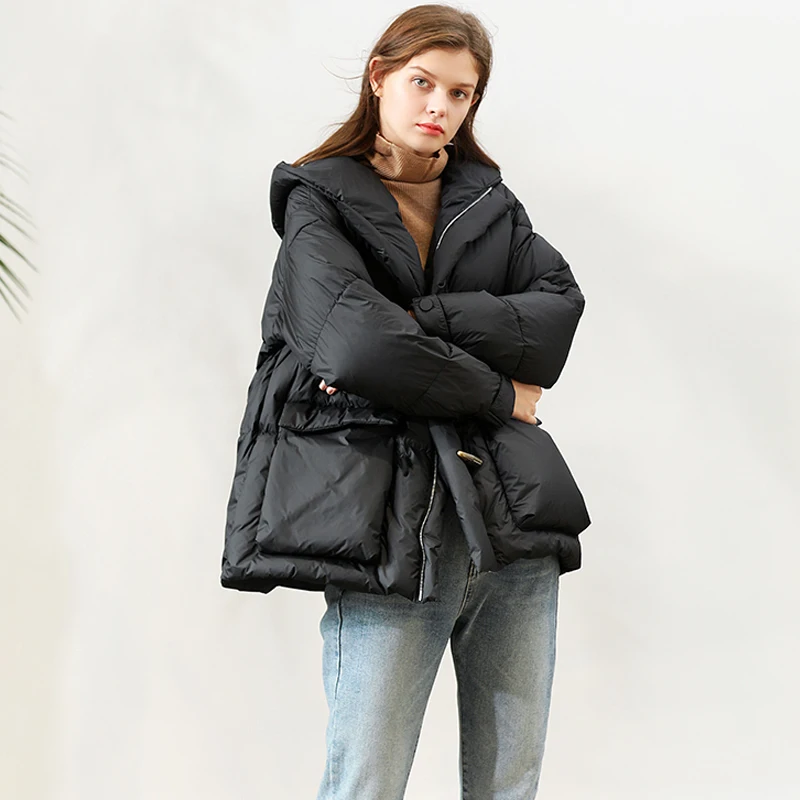 Женский пуховик на 90% белом утином пуху теплая свободная парка молнии с капюшоном