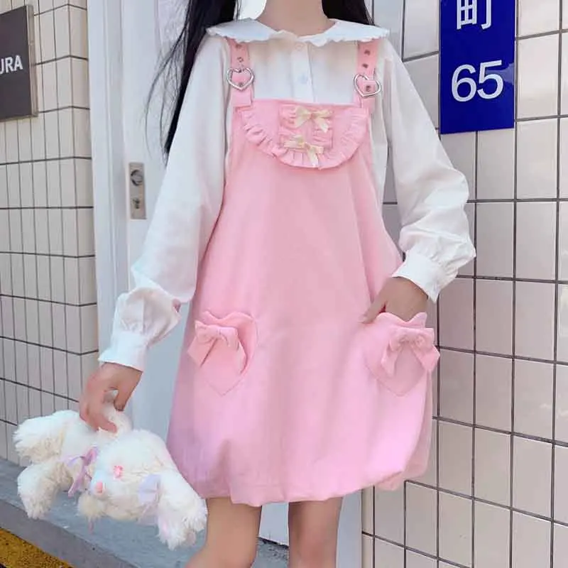 

One-Piece 2020 New Japanese Lolita Style Spring Autumn Women Mini Dress Cute Kawaii Girl Mini Sundress Bow Pockets Sweet Dresses