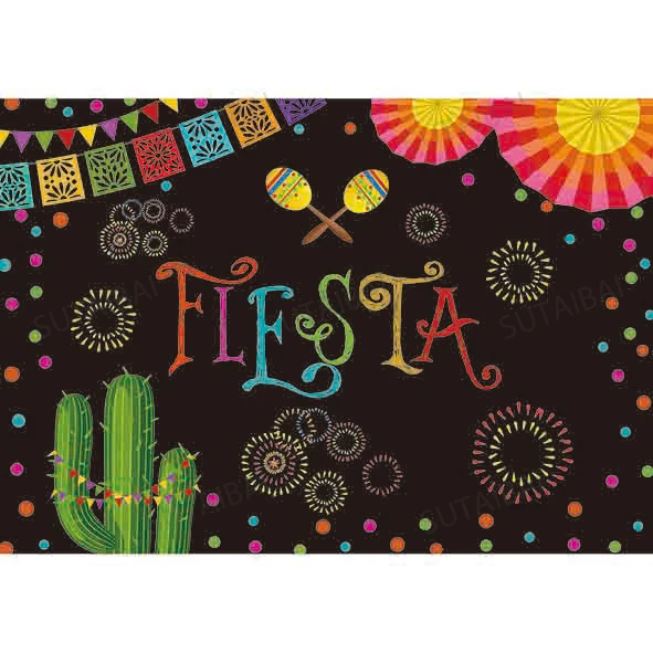 Mexico Fiesta Junina Party Mexican Theme Backdrop Photography Cactus Guitar Decor Colorful Flags Birthday Event Photo Background enlarge