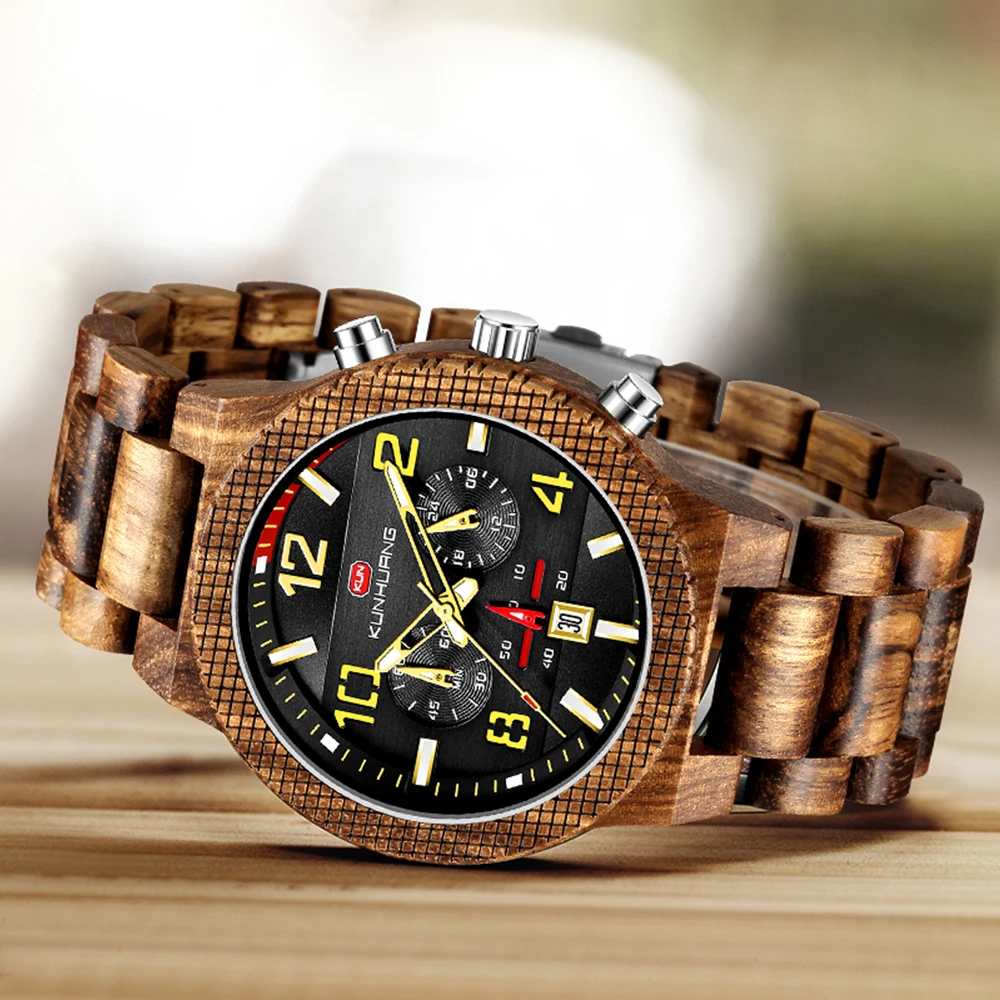 Мужские деревянные часы Военный Спортивный Хронограф светящийся показ даты