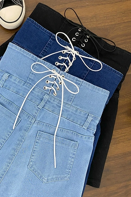 

3224 Denim Shorts New Korean Fashion Casual Pants Show Thin Hot Pants Bandage Super High Waist Wide Leg Pants