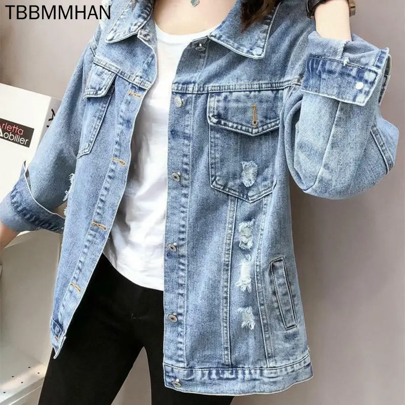 

Женская рваная джинсовая куртка, Повседневная Свободная джинсовая куртка с принтом в Корейском стиле, весна-осень 2021