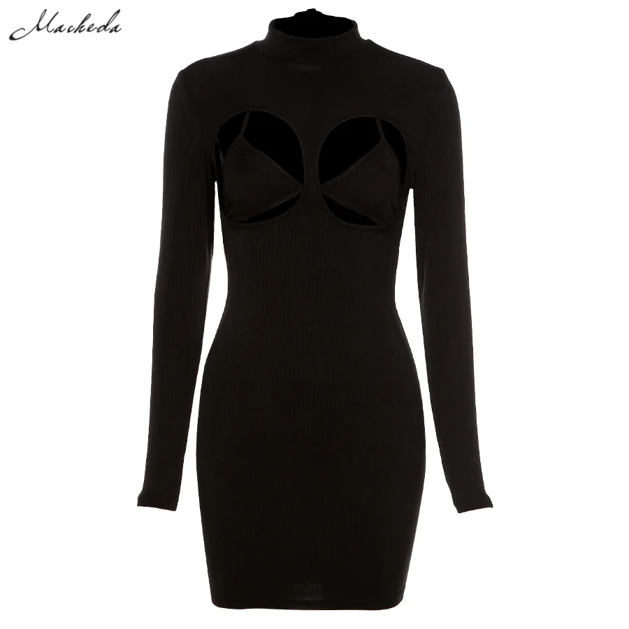 

Solid Summer Sexy Hollow Out Slim Dress Women Fashion Turtleneck Long Sleeve Clothing Lady Mini Dresses 2021 New