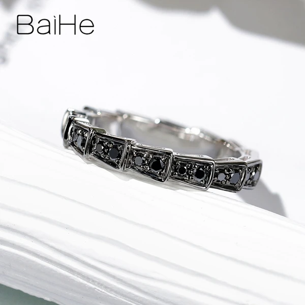 BAIHE Solid 14K белое золото+ черное золото Сертифицированный круглый вырез около 0.39ct натуральные черные Алмазы обручальные свадебные женские кольца мужское кольцо красивые и элегантные модные тонкие украшения в подарок паре кольцо