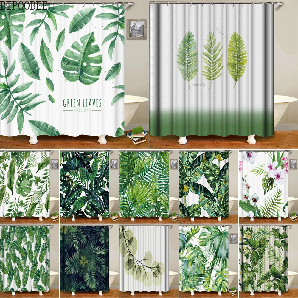 

Tropical Plants Shower Curtain Natural Bathroom Curtains Green Leaves Polyester Fabric Bathtub Screen with Hooks Home Decor
