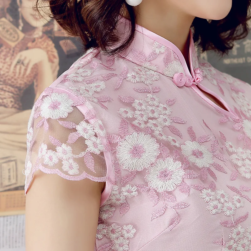 Летние розовые синие кружевные вышитые Cheongsam современные Chinoise повседневные