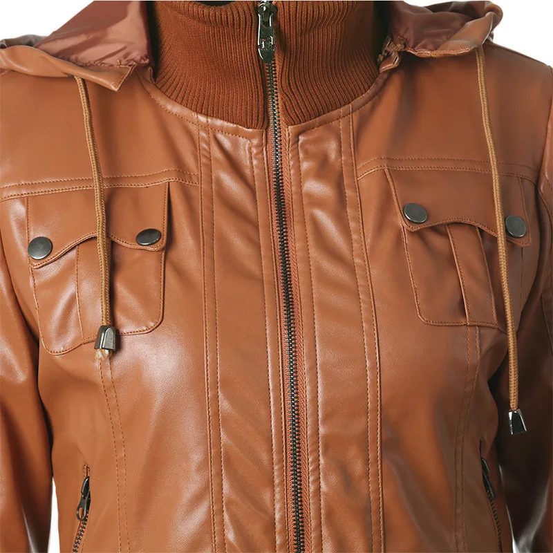 Женская мотоциклетная куртка осенняя из искусственной кожи с капюшоном