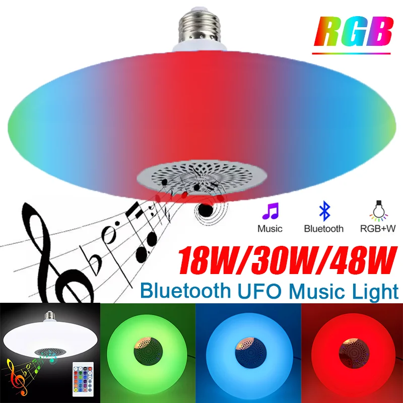 

Smart Led Bulb Music Light 18W/30W/48W RGB+White UFO Lamp With Bluetooth Speaker E27 Lamp Holder 24 Keys Remote Control Light