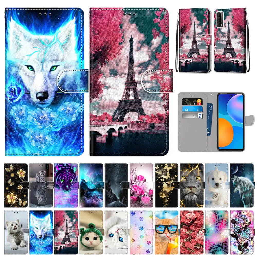 

P Smart 2021 Case for Huawei Mate 40 Pro Y9A Y8S Y6P Y5P P40 Lite E Nova 7 SE Phone Coque Flip Wallet 3D Painted Leather Cover