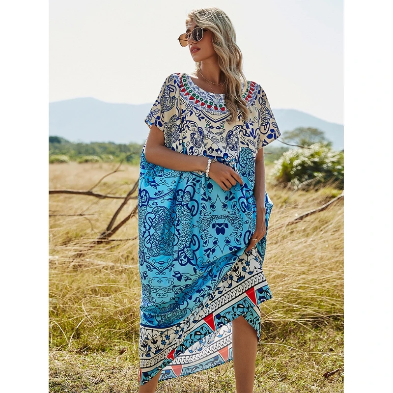 

Женское платье-туника с цветочным принтом, круглым вырезом и коротким рукавом «летучая мышь»