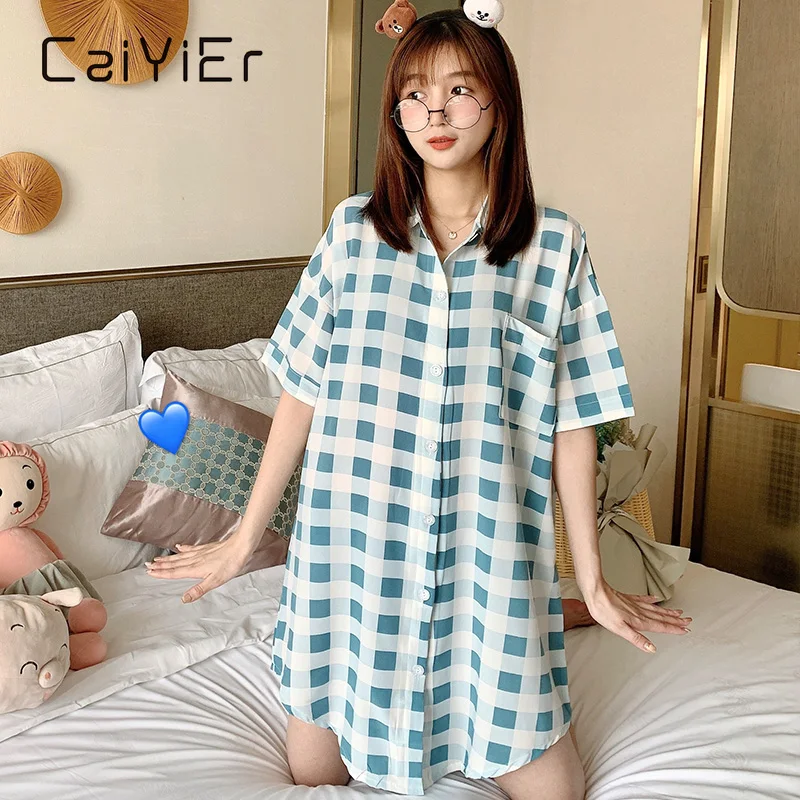 CAIYIER Sexy Thin Pyjamas Night Dress for Women Short-Sleeved Grid Print Nightgown Summer Lapel Leisure Midi Pattern Night Skirt