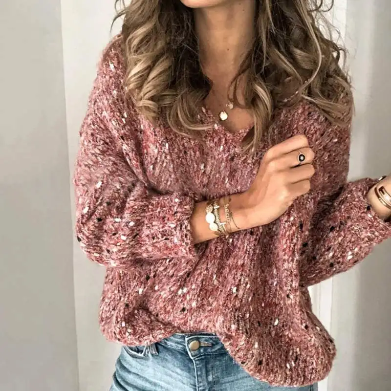 Модный женский свитер осень v-образный вырез длинный рукав вязаные