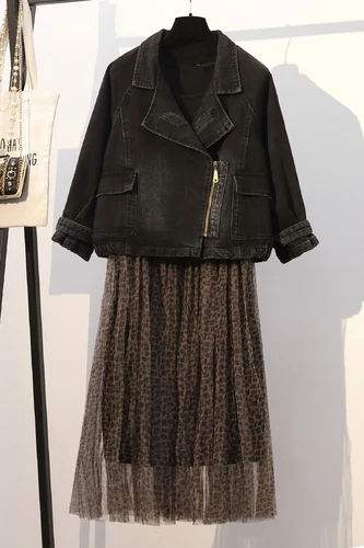 

Plus Size Women Black Denim Jacket + Sexy Mesh Dress Set 2019 Fashion Sleeveless Vestidos Jacket Coat Women 2 Piece Outfits 5xl