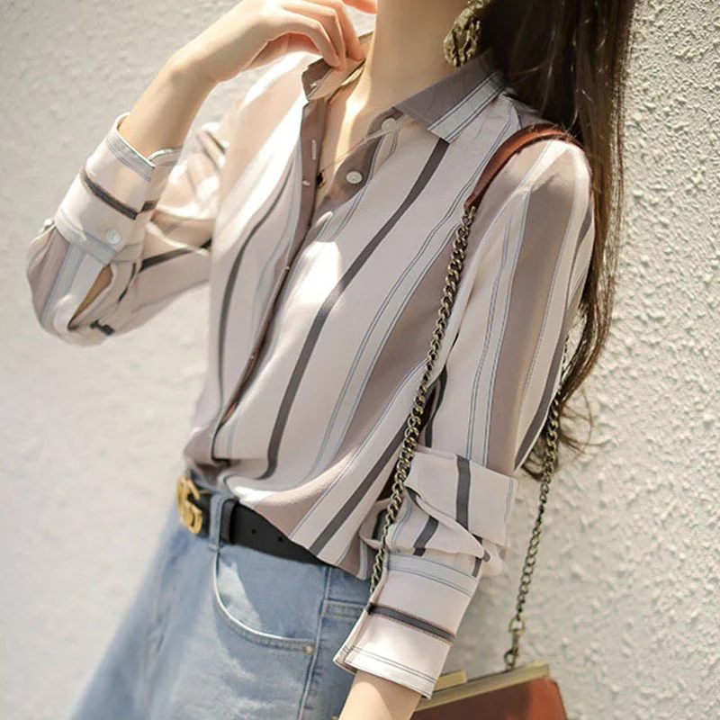 

Qooth Vertical Striped Shirt Women's Spring Trendy Korean Style Young Casual Loose Shirt Single Breasted Long Sleeve Tops QT555