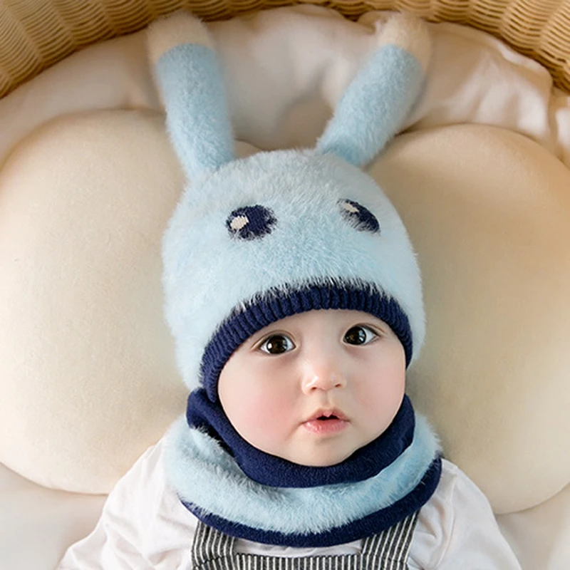 

2Pcs Baby Cartoon Rabbit Ear Hat Scarf Infant Boy Girl Winter Warm Cap Solid Lovely Soft Hats Scarves Outfits Cute Gift For Baby