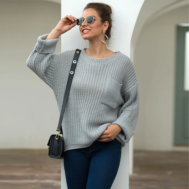 

2020 Autumn and Winter Women's Large Pocket Sweater Women's Thick Needle Pullover Loose Sweater womens sweater pullover women