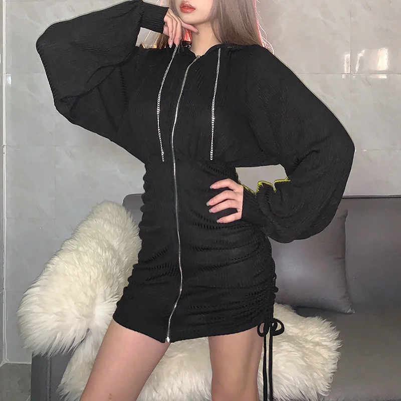 

Женское длинное плиссированное платье на молнии, облегающее платье с капюшоном и рукавами-фонариками, V-образным вырезом и боковым шнурком, ...