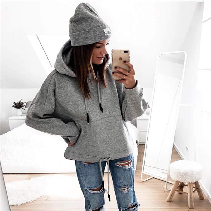 Женская толстовка с карманами Повседневная однотонная Толстовка большого