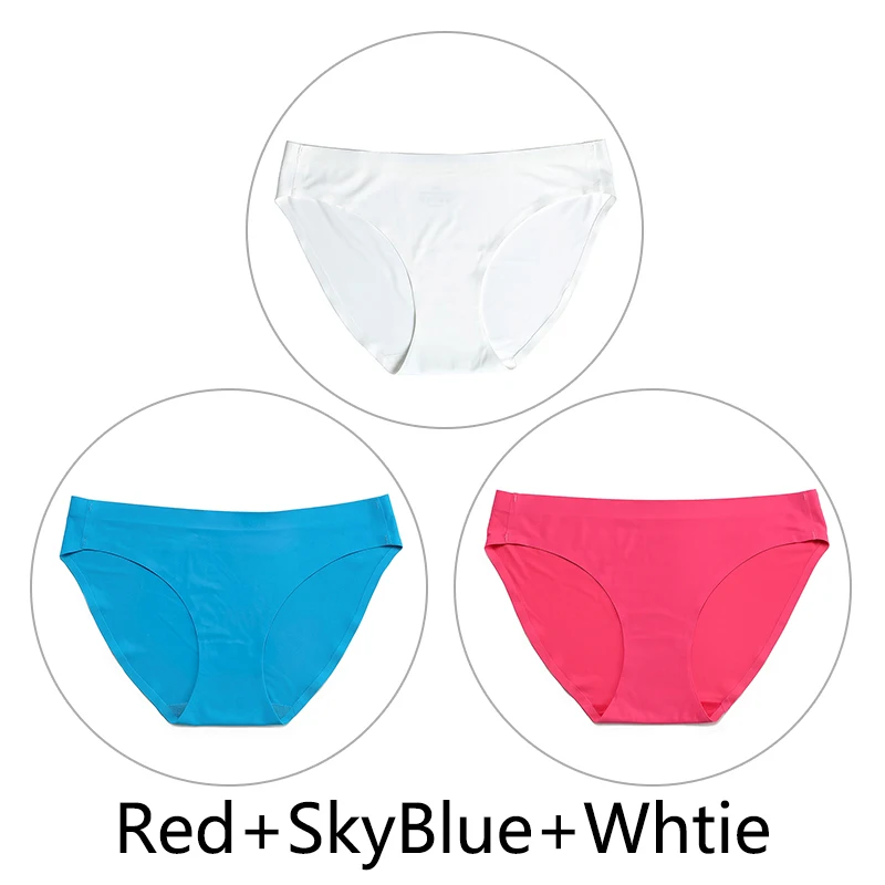 Red-SkyBlue-Whtie 3 шт./партия, цельные бесшовные трусики, женское шелковое нижнее белье, сексуальные трусы с полной спинкой, нижнее белье с низкой посадкой, женское мягкое эластичное, американский размер - Цвет: Red-SkyBlue-Whtie