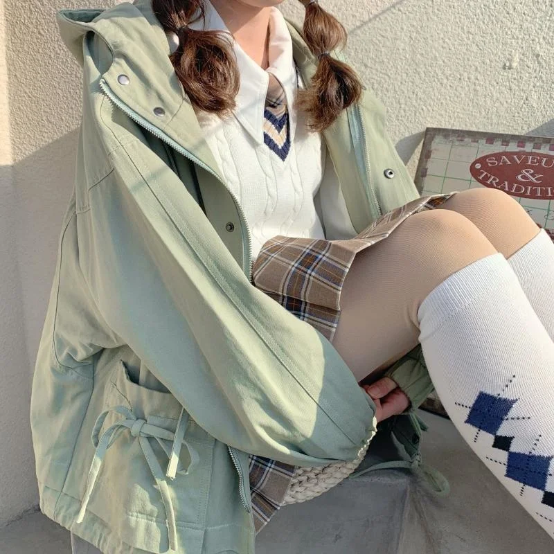 

2021 Autumn Winter Bowknot Coat Women Long Sleeve Hooded Harajuku Jacket Korean Streetwear Gothic Jackets Windbreaker Clothes