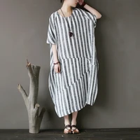 original personality stitching stripe dress sleeve long cotton and linen dress loose oversized linen robe summer