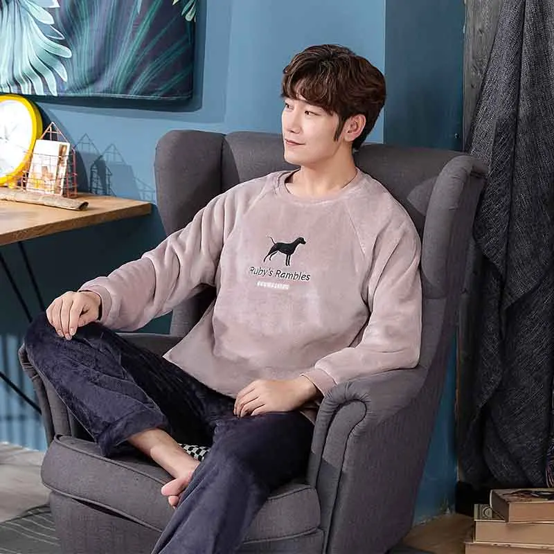 

2021 New Style Men's Pajamas Set Autumn Winter Warm Flannel Thicken Male Pajamas Sets Long Sleeve Sleepwear Top +Pant Leisure