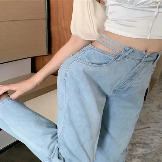 

High waist cut-out jeans women's 2021 new fashionable pants with loose, thin and versatile design and wide leg pants with