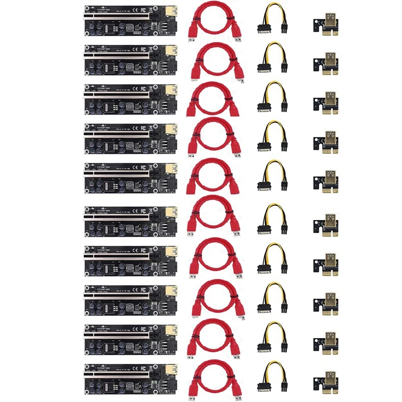 10Pack VER009S Plus PCI-E Riser Card PCI Express 1X To16X Adapter with USB 3.0 Cable SATA to 6Pin Power Cable for Mining