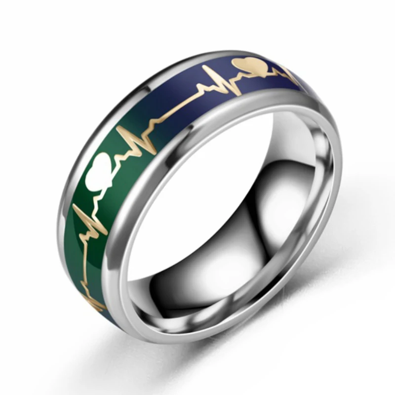 

Sinogaa 2021 New ECG Ring 8mm Mood Ring Changing Color Heartbeat Ring Colorful Discoloration Couple Ring