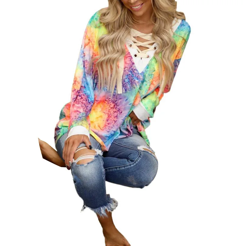 

WEPBEL Women Casual Fashion Tie Dye Print Loose Shirt Ladies Spring Long Sleeve V Neck Bandage T-shirt Blouse