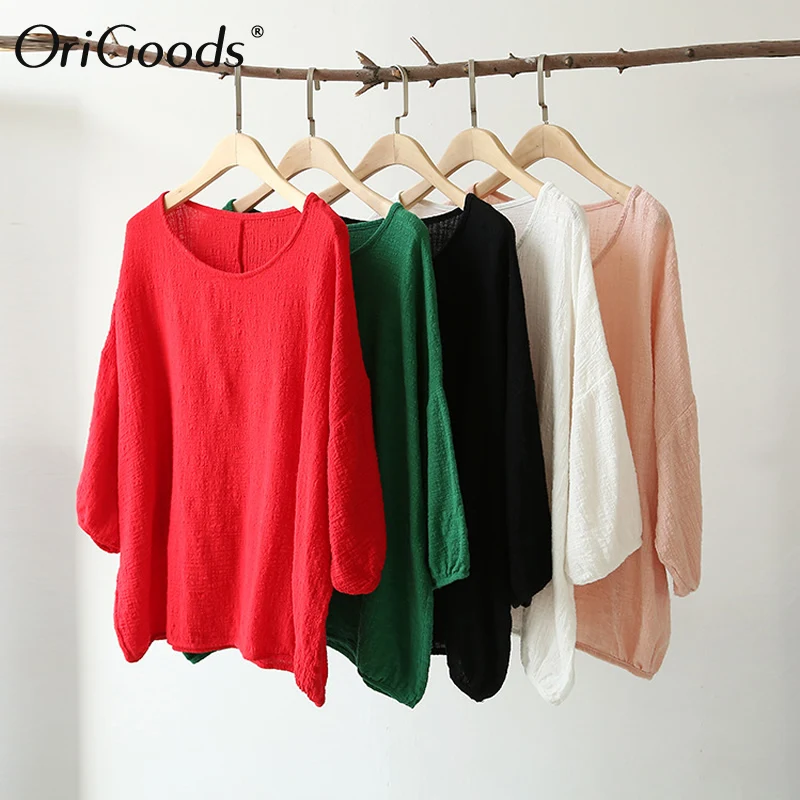 Женская блузка OriGoods винтажная большого размера из хлопка и льна с o образным