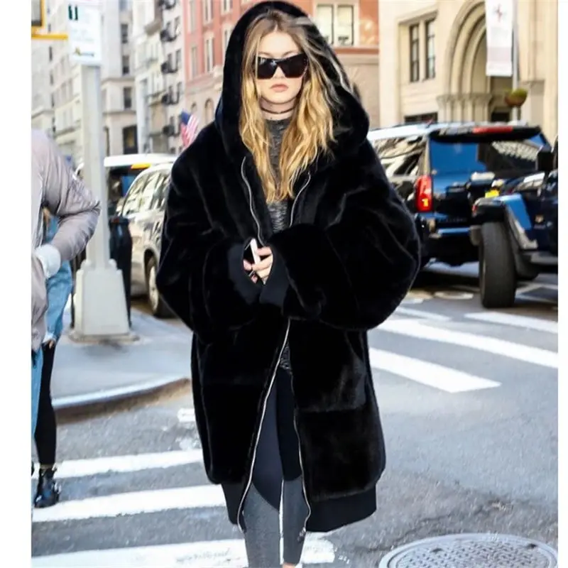 Faux Fur Coat Women 2019 Casual Hoodies Furry Thick Warm Long Faux Rabbit Fur Jacket Loose Winter Coat Women casaco feminin