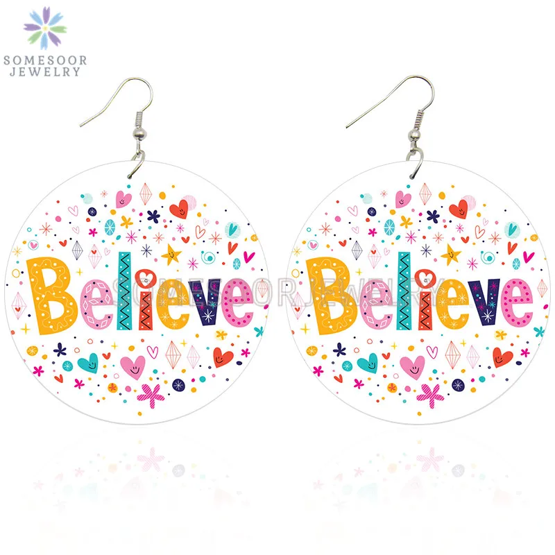 

SOMESOOR Believe Keep Going African Wooden Drop Earrings Positive Sayings Both Sides Printed Loops Dangle For Gifts Women Gifts