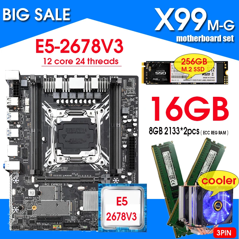 Verkauf X99M-G Motherboard Combo Mit Xeon E5 2678V3 LGA2011-3 CPU 2 Stücke X 8GB = 16GB 2133MHz DDR4 Speicher NVME 256GB M.2 Und Kühler