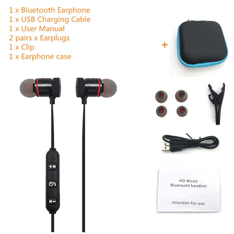 Black with case Металлические спортивные беспроводные наушники, bluetooth-наушники с защитой от пота, магнитные наушники, стереогарнитура для мобильного телефона - Цвет: Black with case