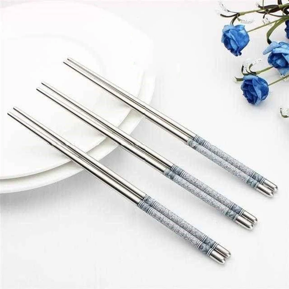 1 пара палочек для еды из нержавеющей стали китайские синие и белые фарфоровые