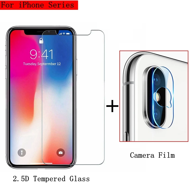 2 в 1 закаленное стекло для iphone 11 pro max X XR XS Max Защита экрана 6 6s 7 8 plus объектива камеры