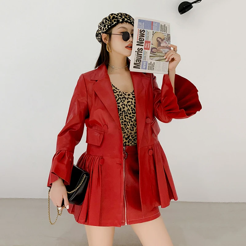

Elegant Double Breasted Pleated Ruffles Jacket Women Genuine Sheepskin Real Leather Long Blazer Coat Flare Sleeve Clothes Ladies