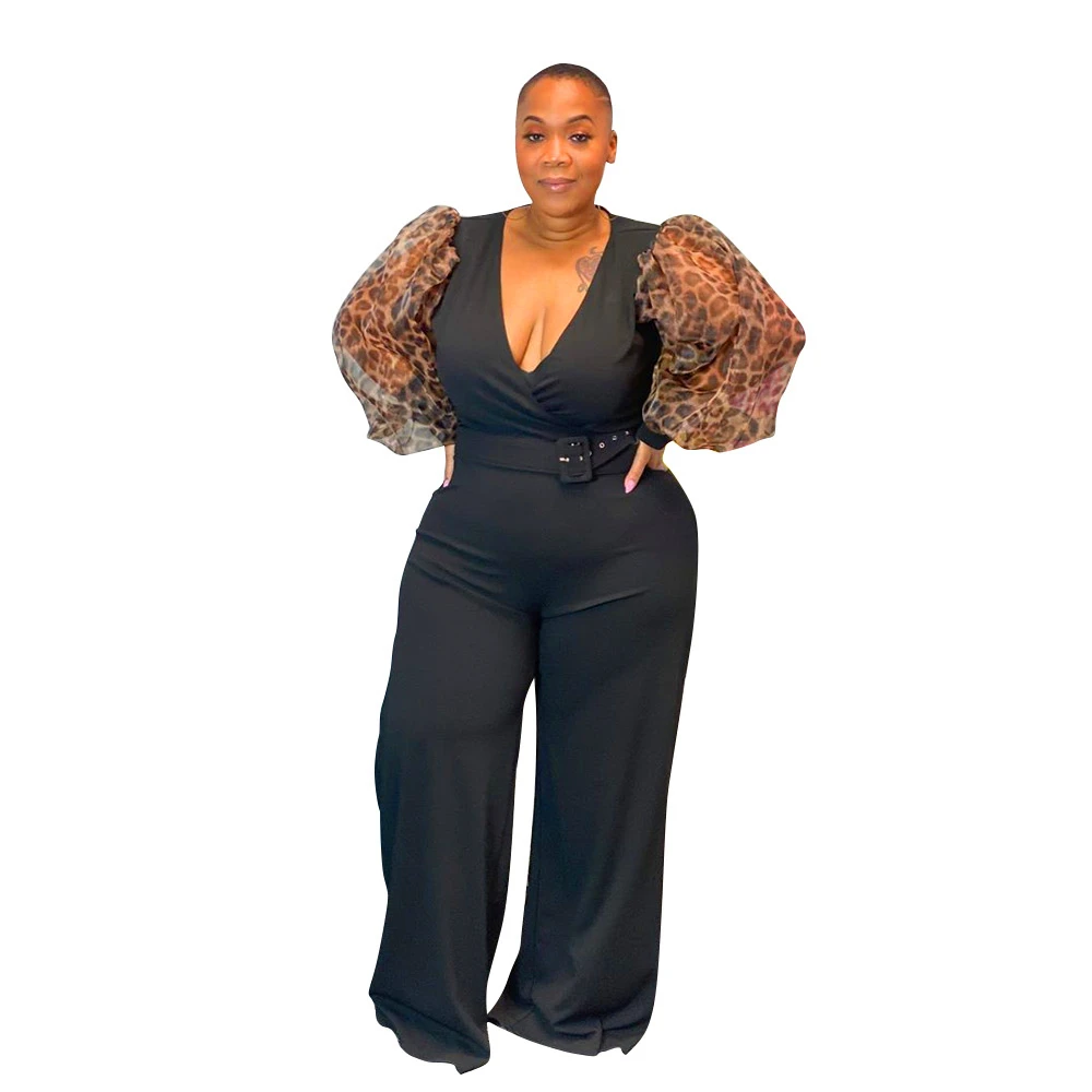 

A6639 European American autumn and winter V-neck leopard print perspective Lantern Sleeve with belt large women's one-piece pant