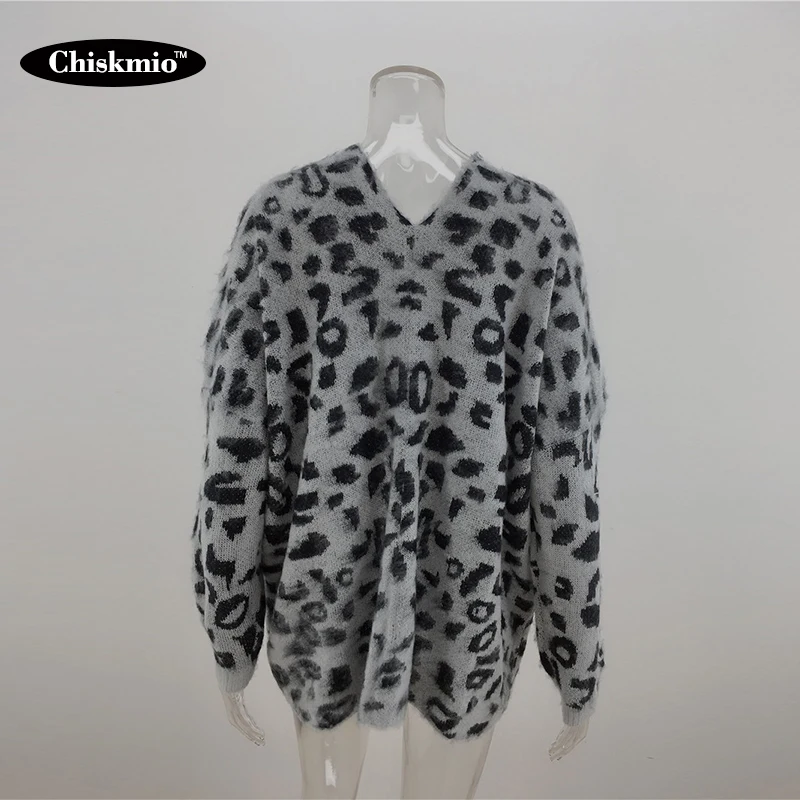 

Chiskmio Leopard Pattern Sweater Women Oversize Cardigans Knitted Outwear Autumn Pocket Design Loose Long Sweater Female Jumper