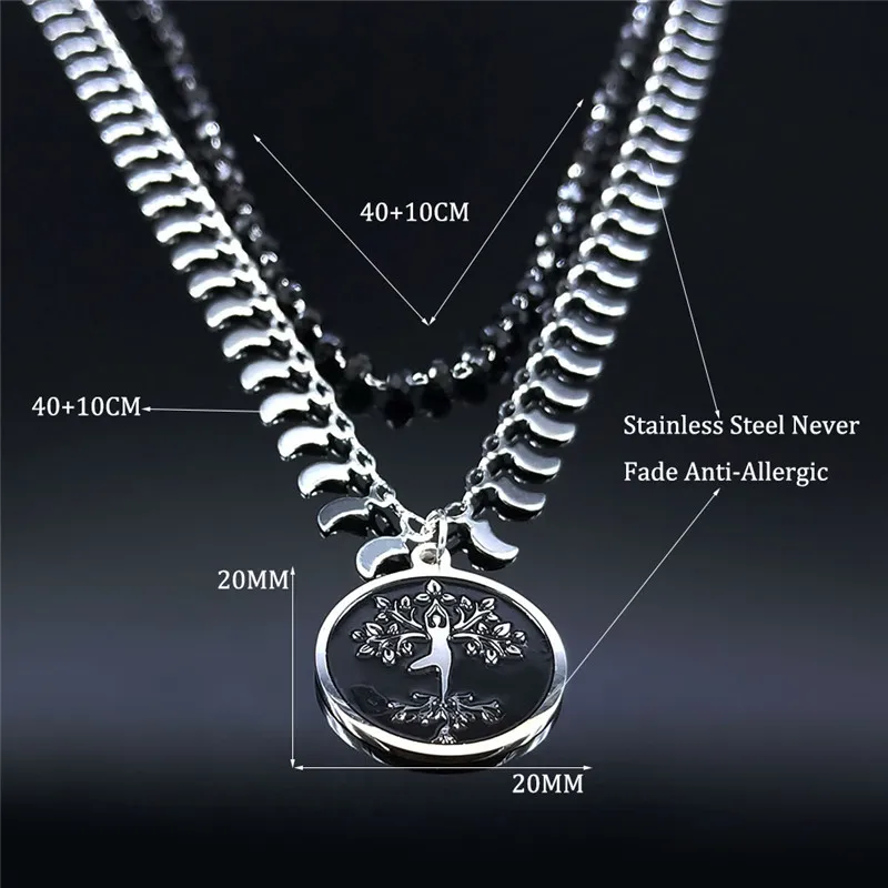 

Tree of Life Black Crystal Beads StainlessSteel Layered Charm Necklaces for Women/Men Jewelryacier inoxydable bijouxNXS02