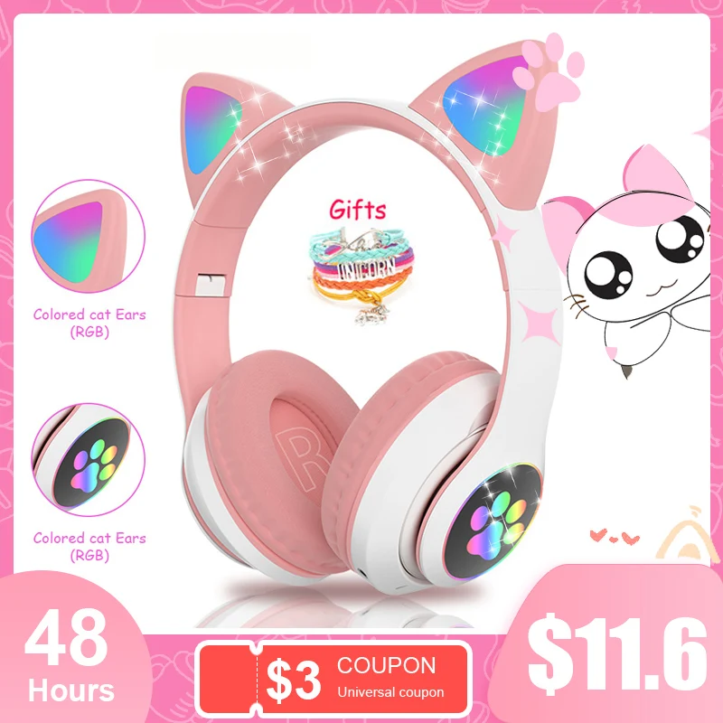new rgb cat ear headphones blue tooth fone bass noise cancelling adults kids girl headset support tf card casco mic gift free global shipping