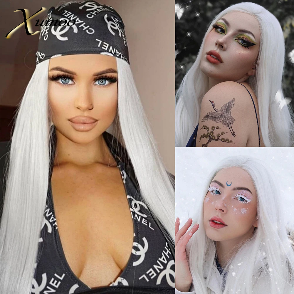 

Чистый белый синтетический парик на сетке спереди, Длинные прямые парики на сетке спереди, парики для косплея, вечерние синтетические парик...