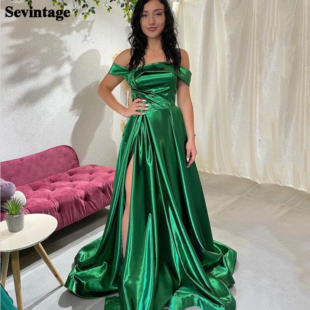 

Sevintage Green Off the Shoulder Long Prom Dresses with Side Slit Pleats Women's Evening Party Dress Plus Size Formal Gowns