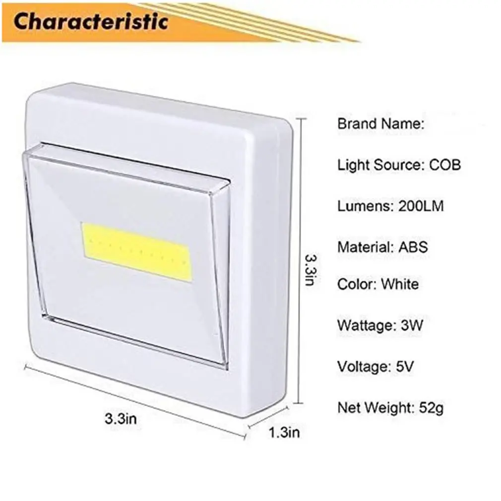 

Square COB Wall Night Light Emergency Lighting Wardrobe Corridor Super Bright Battery Powered Light