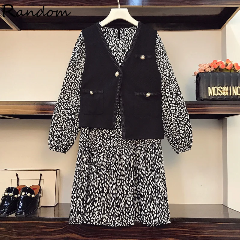 

2021 Spring New Fashion Elegant Vest Jacket Top And Floral Print Tea Dress Two Piece Set Plus Size Women Vintage Matching Outfit