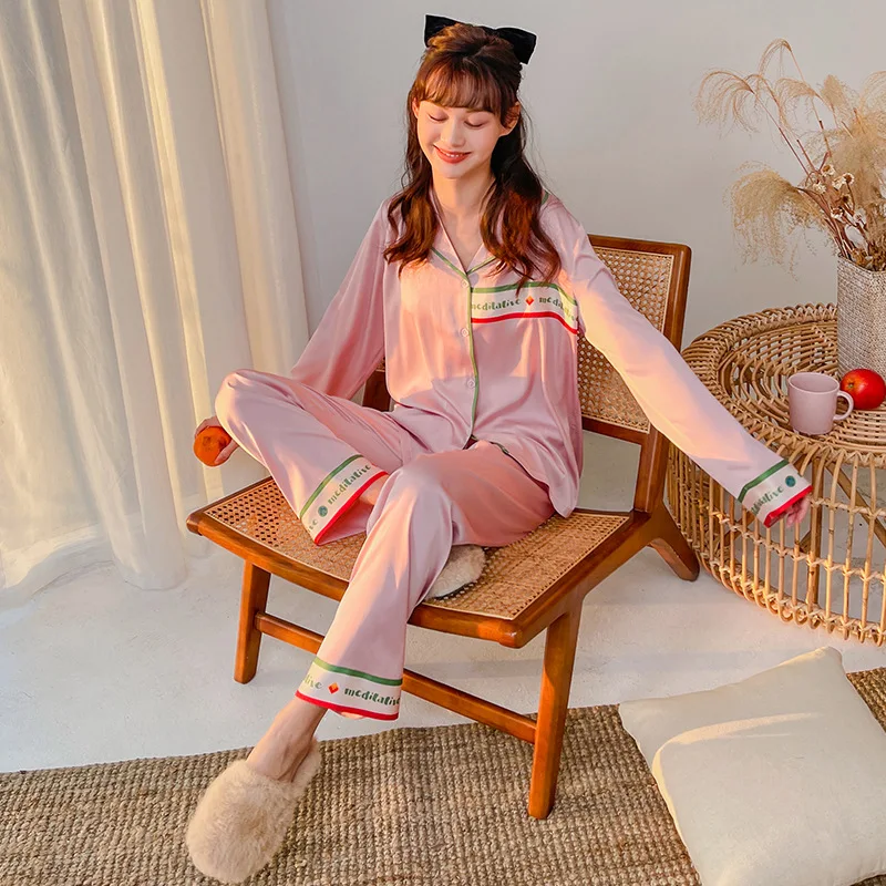 

Женский пижамный комплект, из двух предметов, атласная шифоновая Пижама, тонкие брюки с длинным рукавом, для весны и осени, 2021
