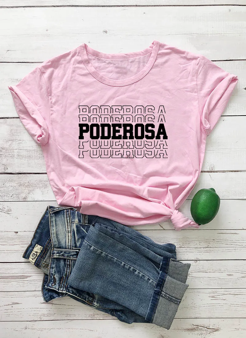 pink-black text Poderosa/Новое поступление, женская летняя забавная Повседневная футболка из хлопка, испанские рубашки, милая рубашка «Латина» для женщин - Цвет: pink-black text